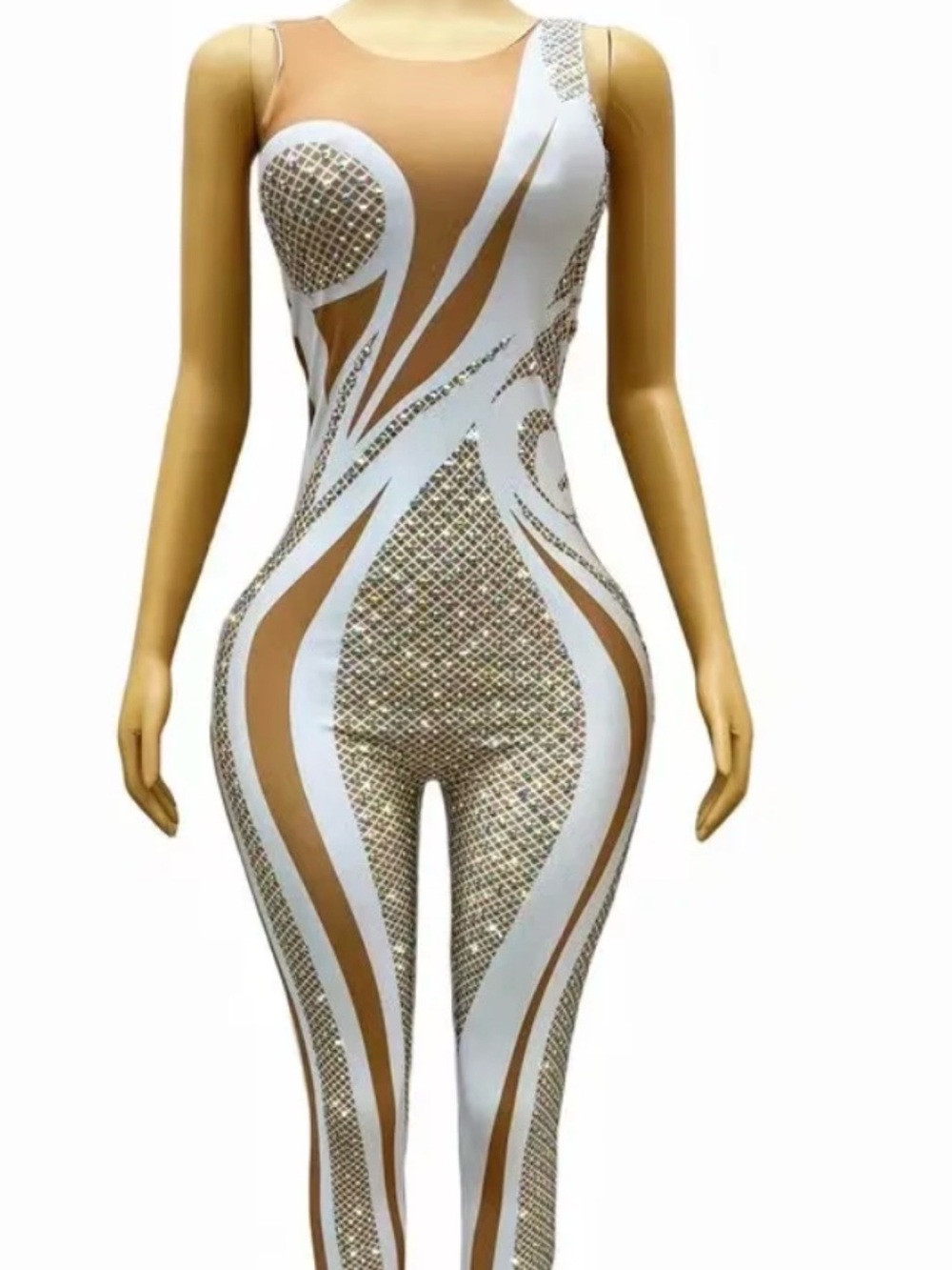 Sleek White & Gold Patterned Women's Jumpsuit Bodysuit Angel Brinks Small New